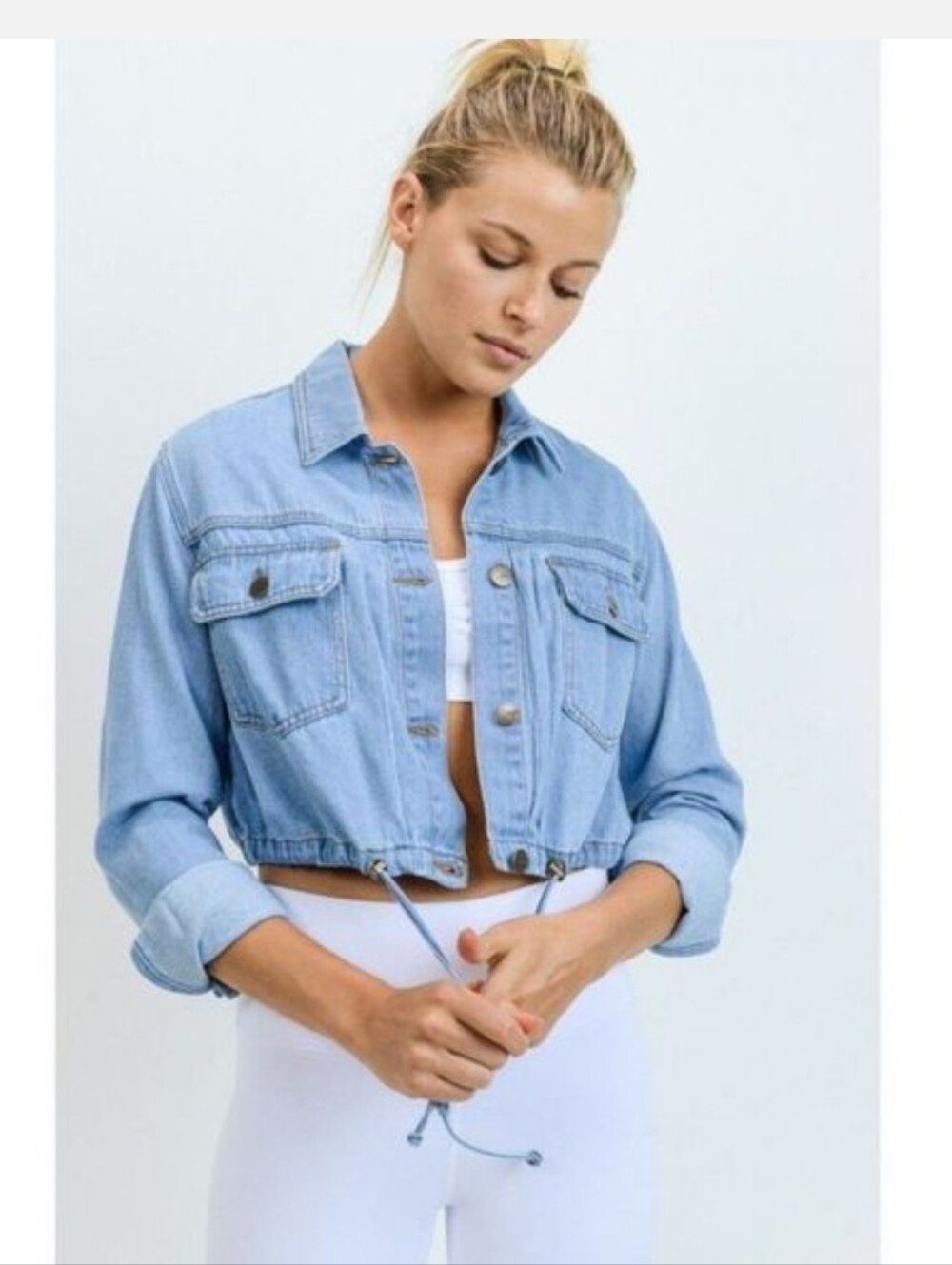 Mono B Light Wash Cropped Denim Drawstring Jacket Size Large